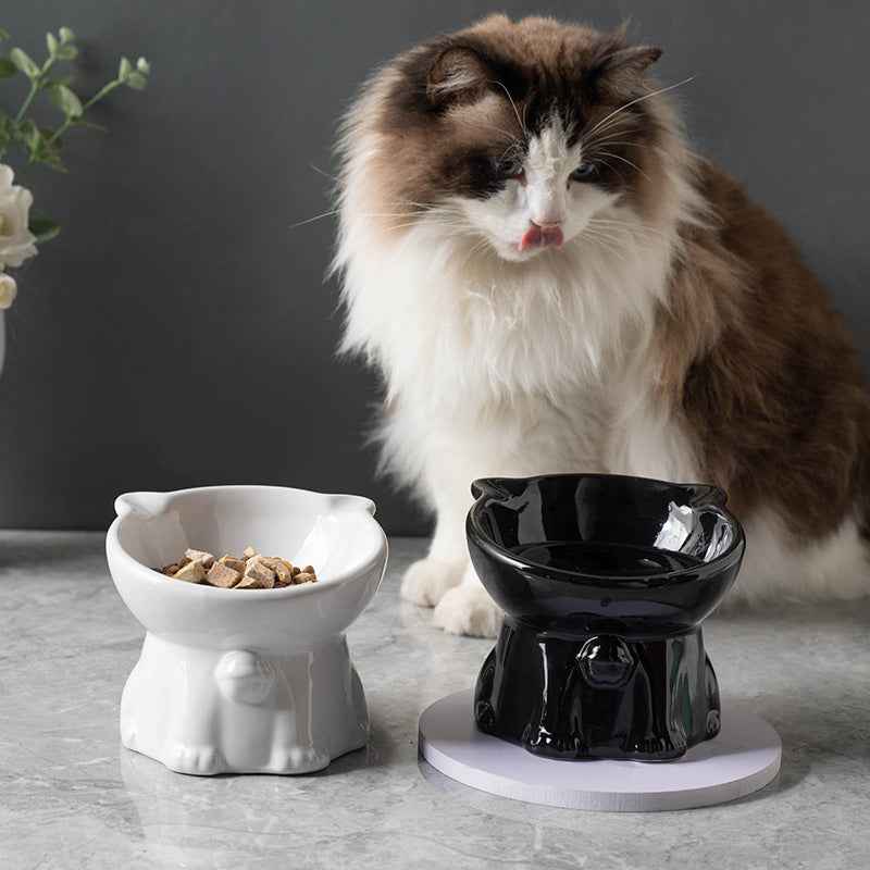 Ceramic Cute Black Cat Bowl with High Foot for Stylish Pet Dining Supplies