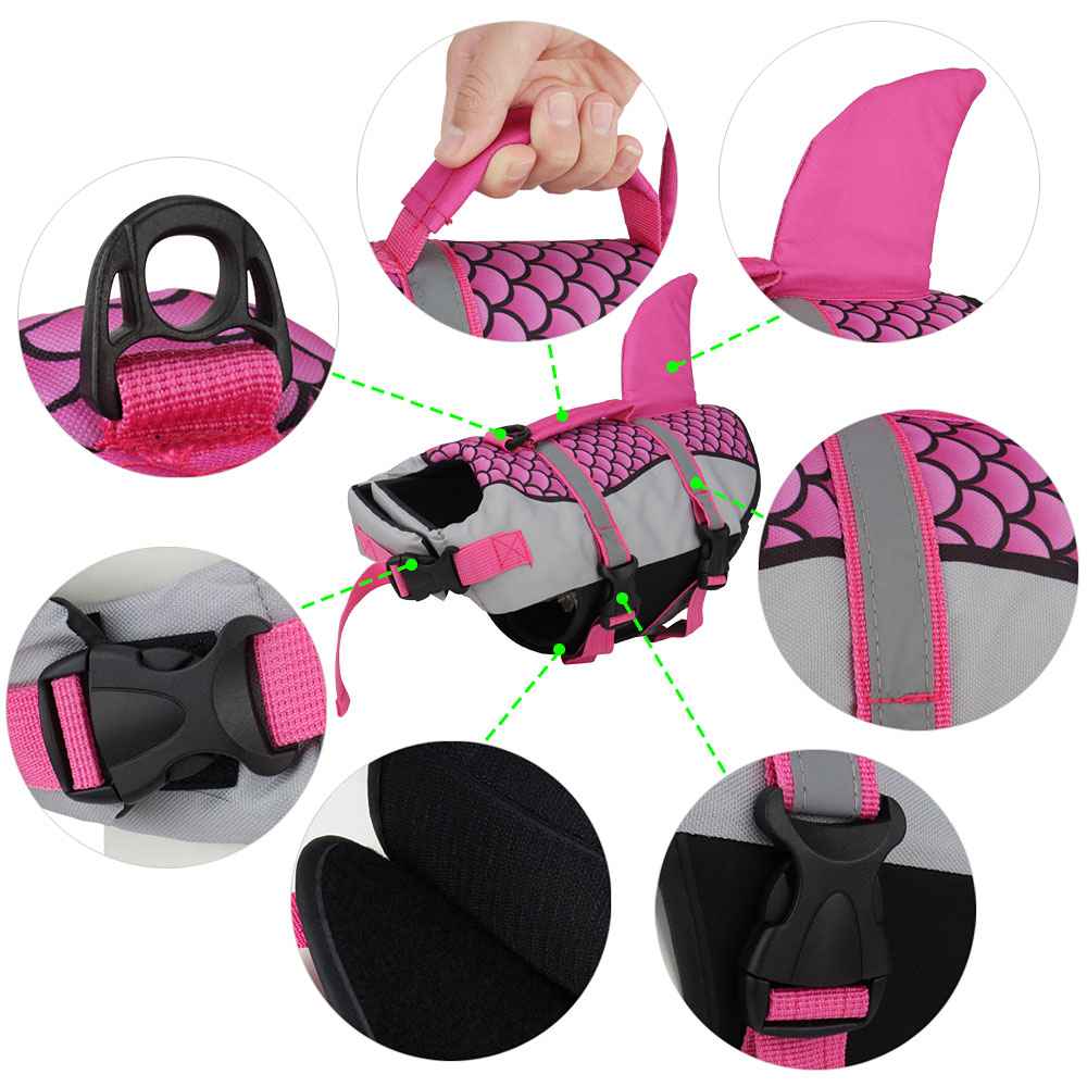 Swim Pet Dog Life Jacket Vest - Summer Swimwear for Pets with Collar Harness and Shark Scales Design