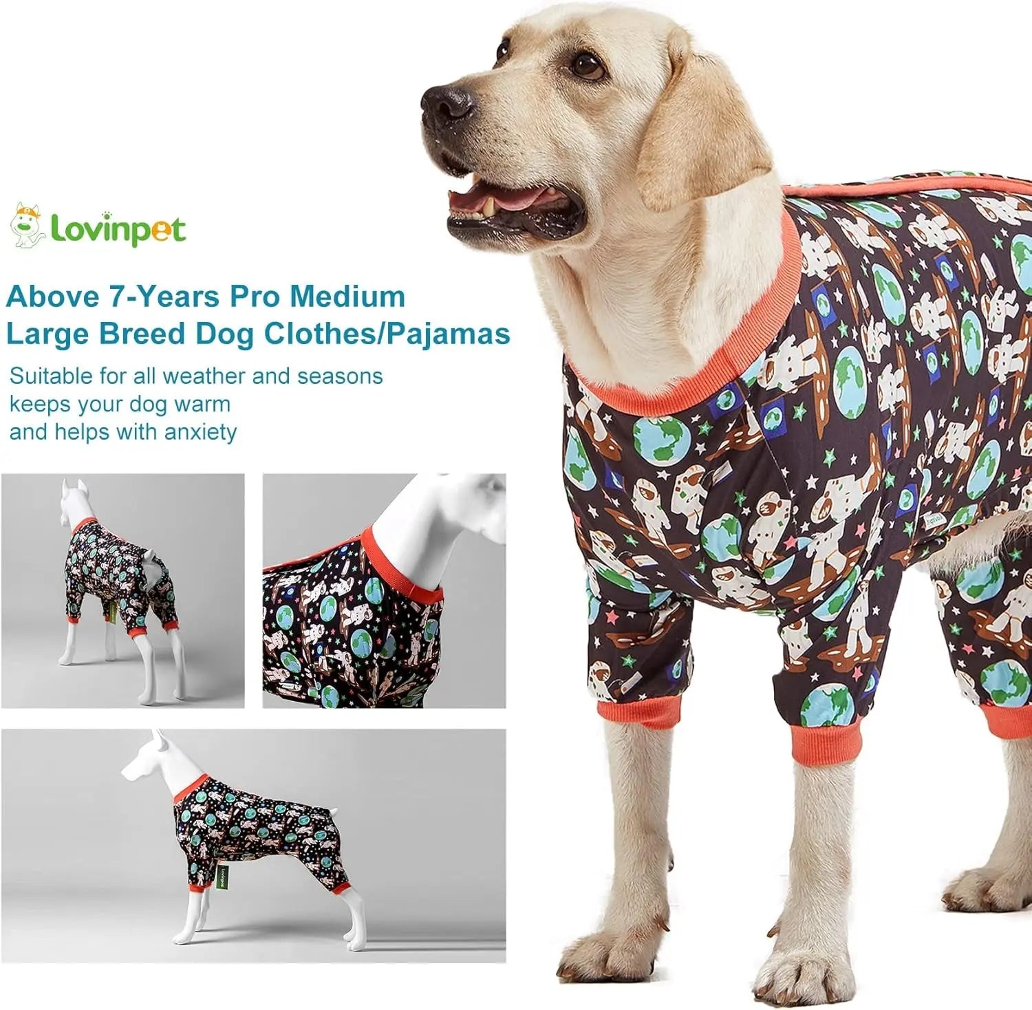 Large Dog Pajamas Space Astronaut Print Recovery Shirt UV Pullover - Priscilla's Pet Paradise