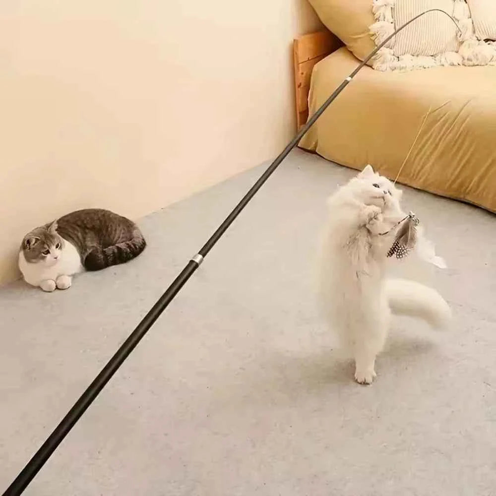 Interactive Cat Toy with Long Extendable Pole and Artificial Feathers for Cats