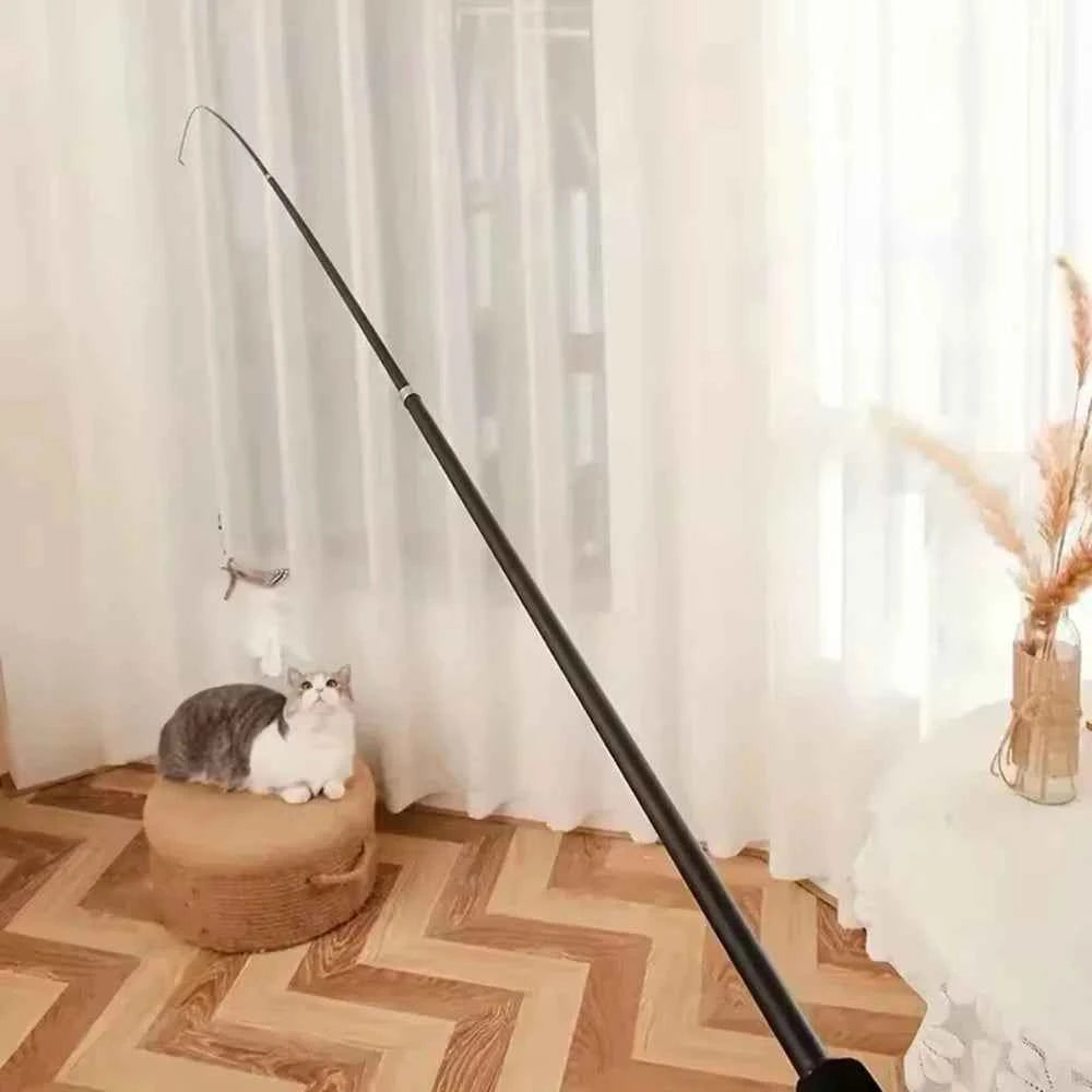 Interactive Cat Toy with Long Extendable Pole and Artificial Feathers for Cats