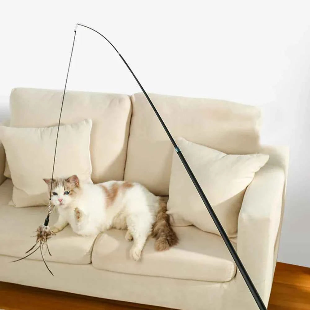 Interactive Cat Toy with Long Extendable Pole and Artificial Feathers for Cats