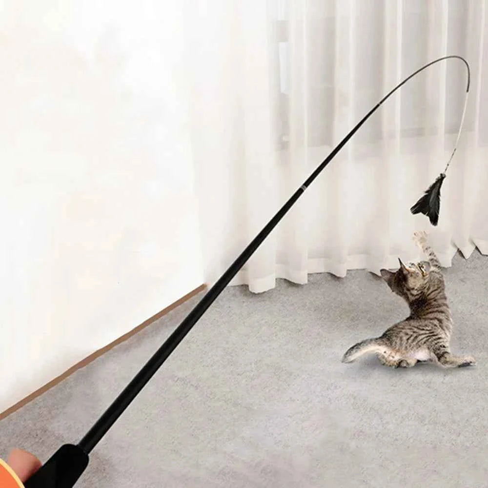 Interactive Cat Toy with Long Extendable Pole and Artificial Feathers for Cats