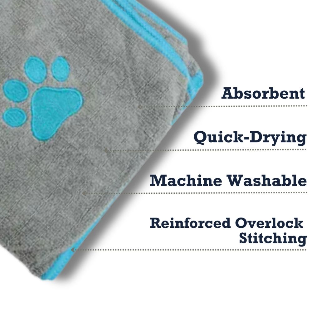 Country Living Large Gray Microfiber Dog Bath Towel with Teal Paw Print