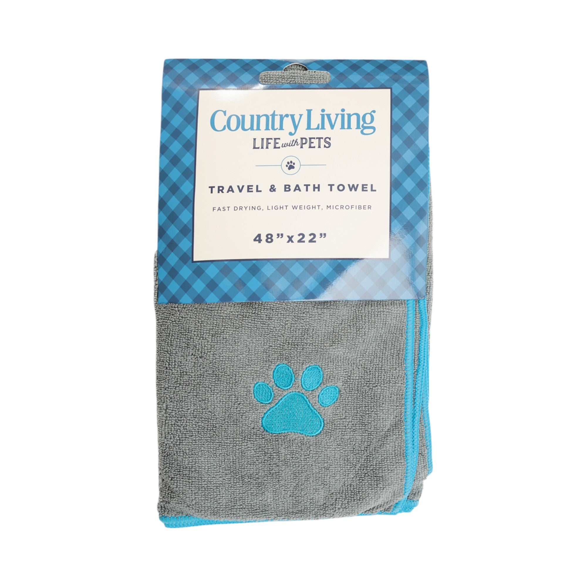 Country Living Large Gray Microfiber Dog Bath Towel with Teal Paw Print