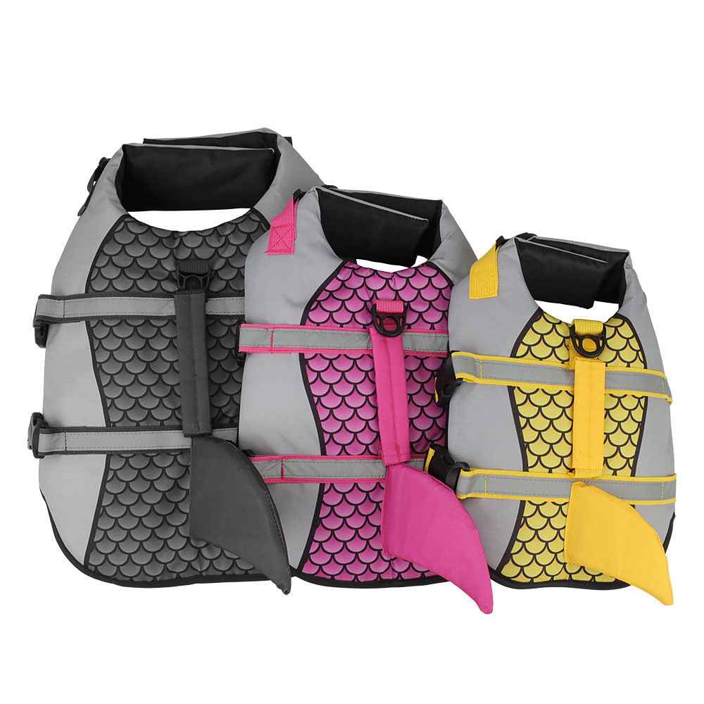 Swim Pet Dog Life Jacket Vest - Summer Swimwear for Pets with Collar Harness and Shark Scales Design