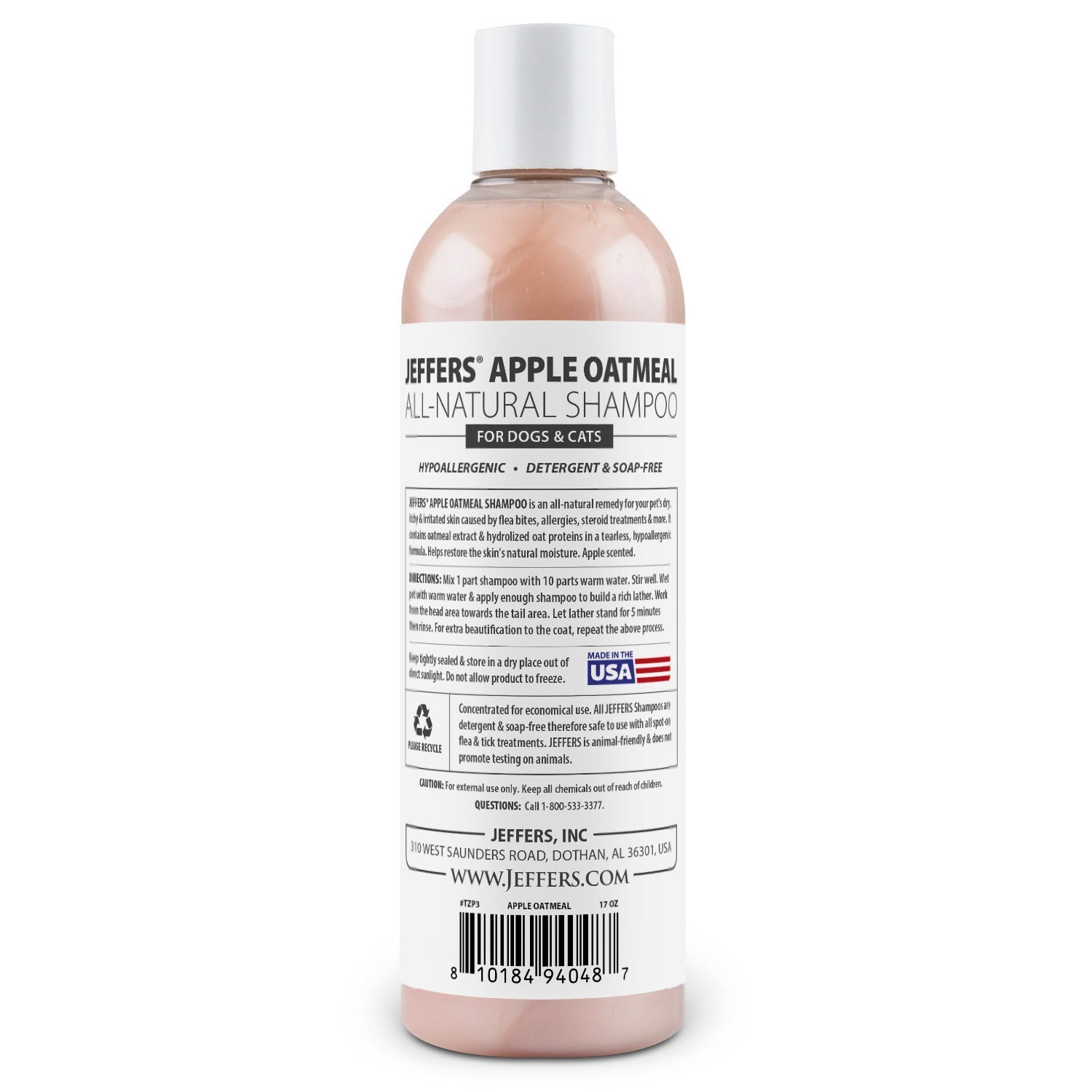 Jeffers Pet Apple Oatmeal All-Natural Hypoallergenic Dry Skin Shampoo for Dogs and Cats - Priscilla's Pet Paradise