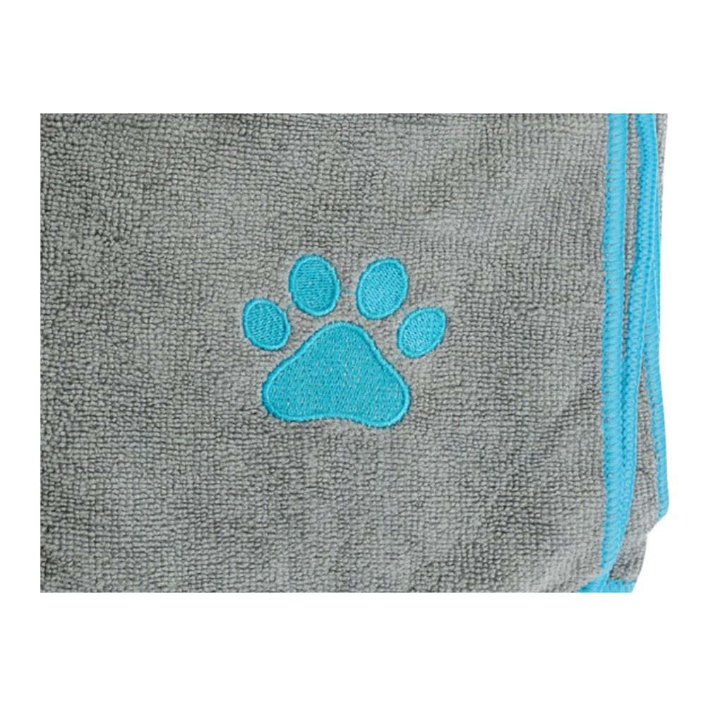 Country Living Large Gray Microfiber Dog Bath Towel with Teal Paw Print